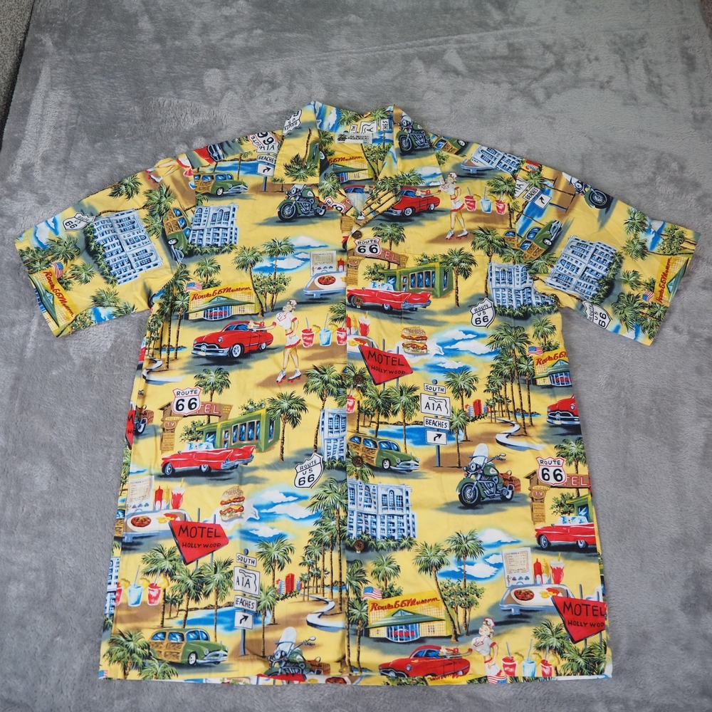 Aloha Republic Button‎ Up Hawaiian Shirt Mens M Route 66 Car Diner Print Cotton